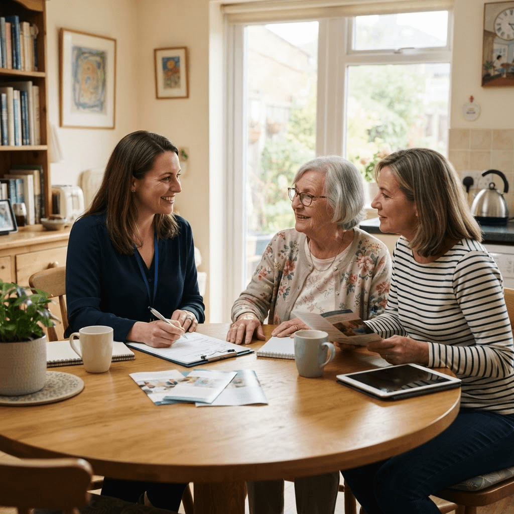 Home care nurse checking an elderly woman's health and discussing her care needs at home