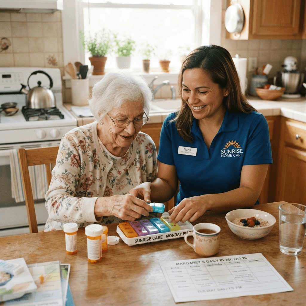 Home caregiver helping an elderly woman with breakfast and medication reminders on the first day of care