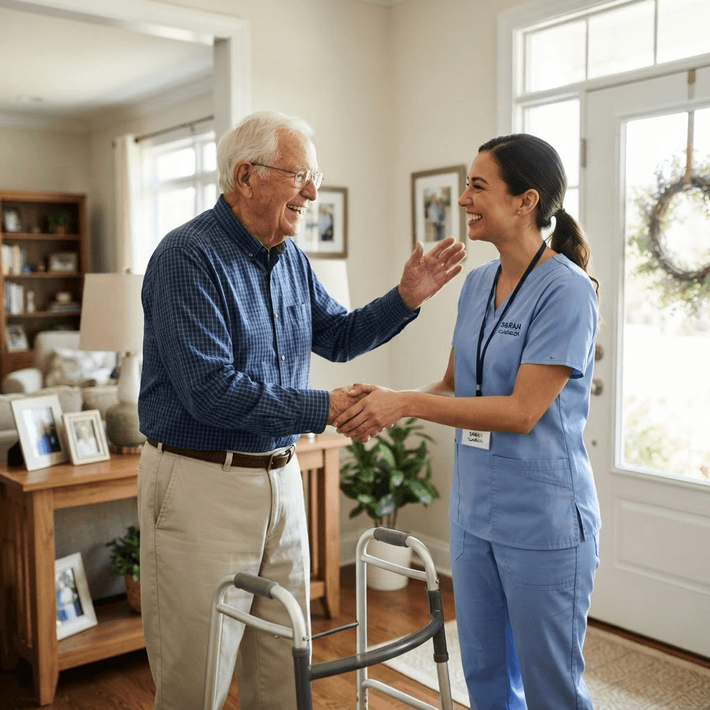 Home care aide in scrubs compassionately assisting a smiling elderly man at home