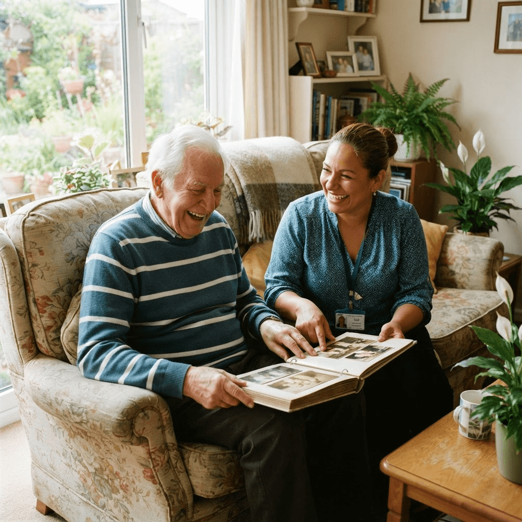 Home caregiver and elderly client laughing together, showing an ongoing caring relationship