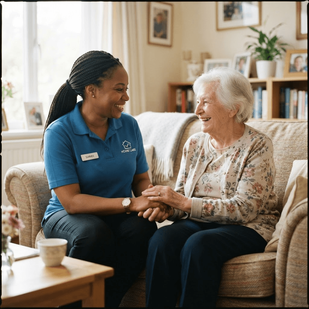 Caregiver providing compassionate home support to elderly client